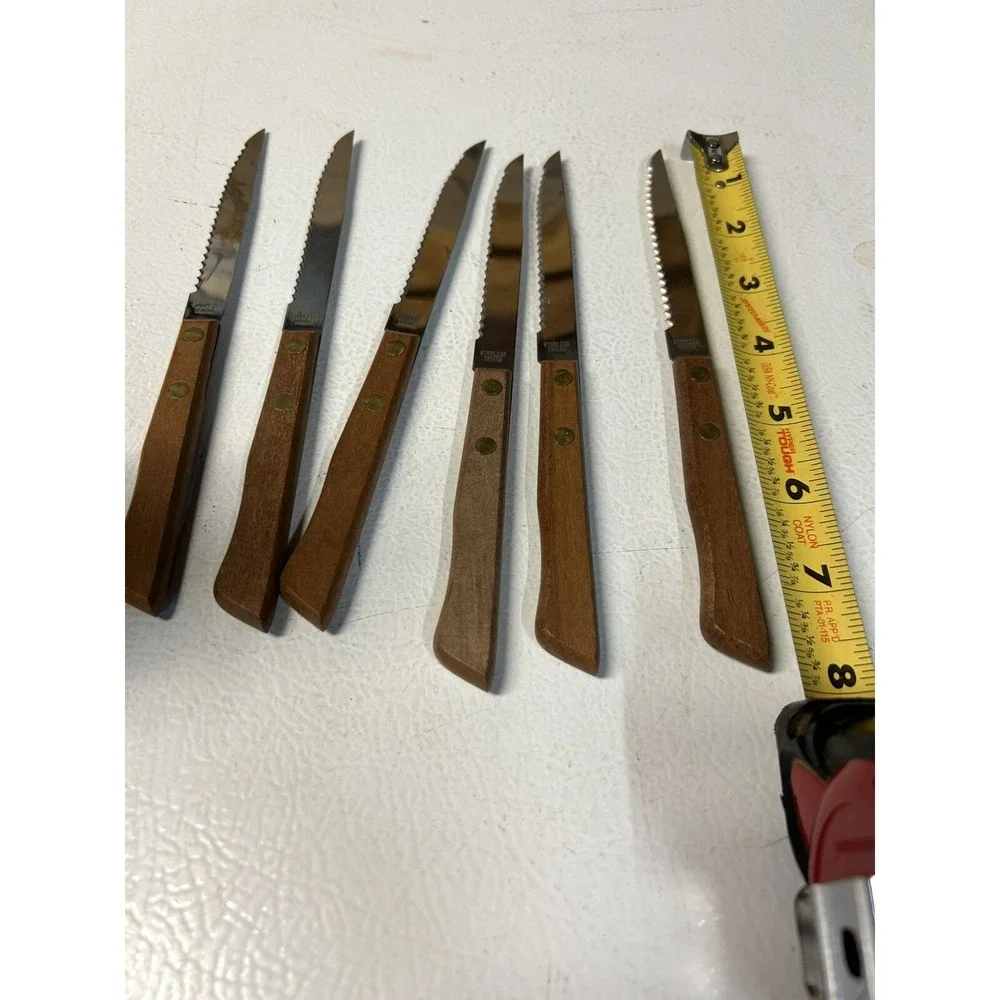 VINTAGE Set Of 6 Steak Knifes Wood Handle Serrated Stainless Blade